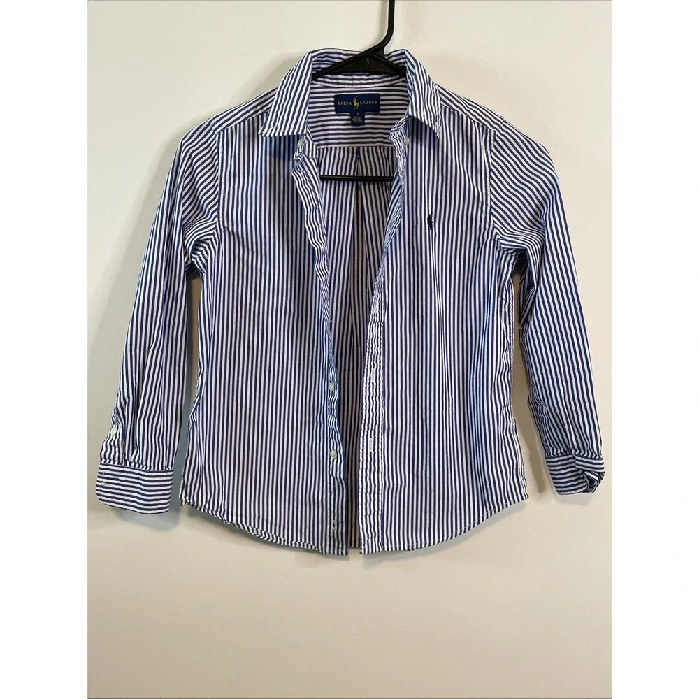 Ralph Lauren Polo Boys Size 7 Blue White Striped Button Down Shirt
